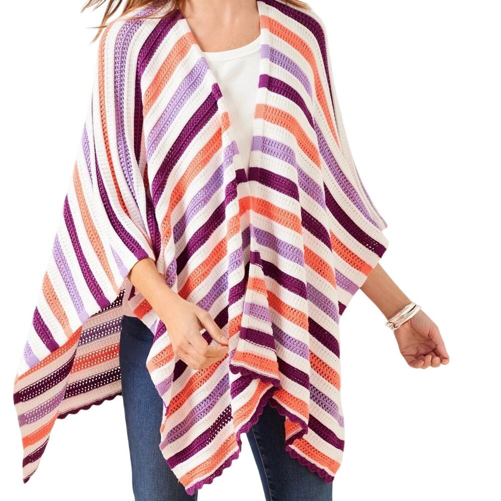 TALBOTS Striped Cotton Knit Poncho Cardigan Crochet Resort‎ Boho Pink Purple M/L